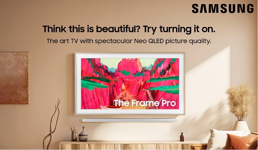 Samsung LS03FW The Frame Pro Neo QLED 4K TV displayed in Art Mode, showcasing vibrant artwork in a modern living room